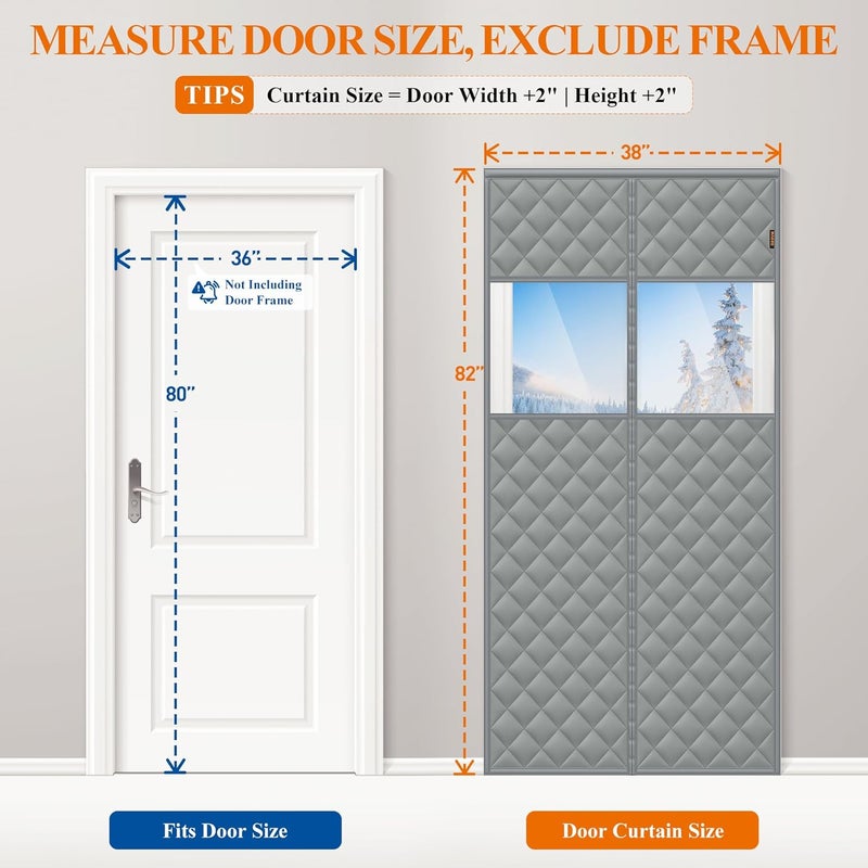 MAGZO Magnetic Thermal Insulated Door Curtain with Perspective Window, Fits 36" x 80" Door, Made of Oxford&Cotton, Insulation Cover Blanket for Winter/Sliding Glass/Patio Doors, Keep Cold Out, Grey - Image 2